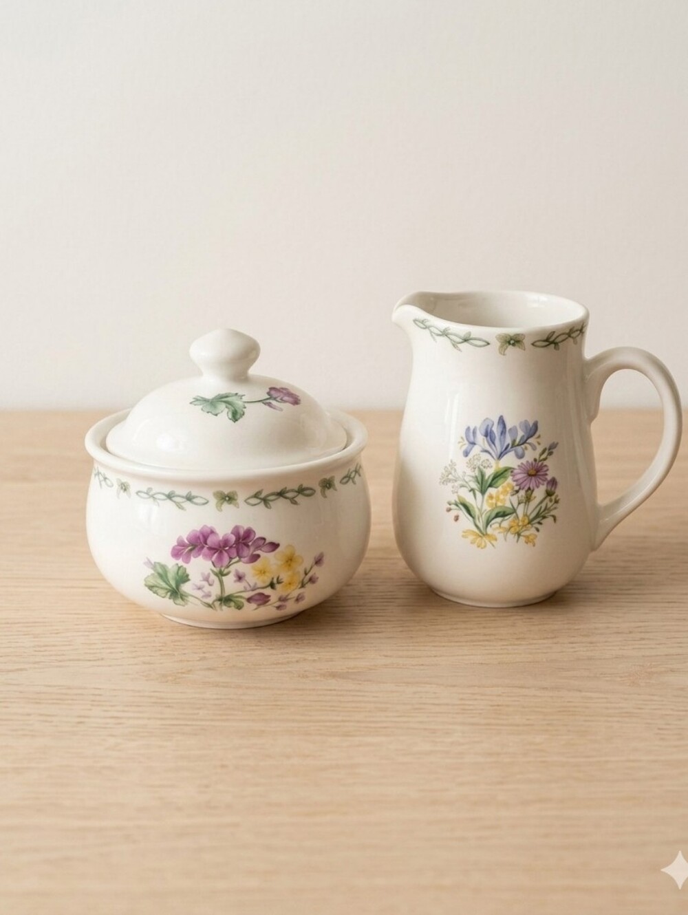 Floral Ceramic Sugar Bowl & Pitcher Set - White with Pastel Flowers